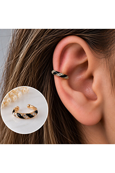 Heppii Siyah Taşlı Bombeli Düz Earcuff Sıkıştırma Kıkırdak Küpe