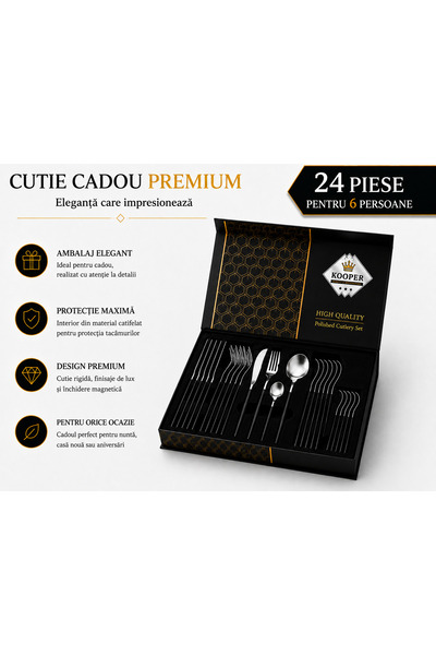 PYKA HOME SHOP Set tacamuri portugheze, Silver Collection, 24 piese, otel inoxidabil, design elegant, negru