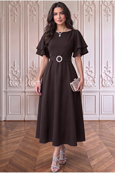 ALFUDO Moda Collection Kuşaklı Katlı Kollu Midi Elbise Kombini