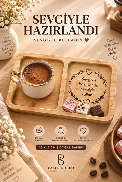 'Sevgiyle hazırlandı, Sevgiyle kullan' Yazılı Bambu Kahve Sunum Tabağı 10x17 cm Dekoratif İkramlık Tepsi
