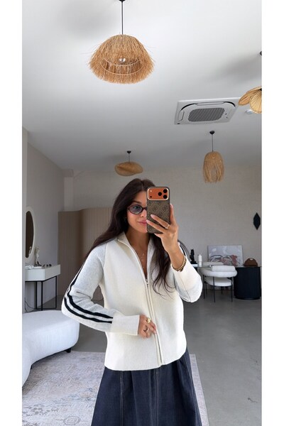 Buket Teke Ecru Garnished Zippered Knitwear Cardigan