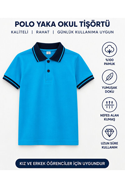 NEVALP Polo Yaka Pamuklu Kısa Kol Lacivert Mavi Çizgili Okul T-Shirt
