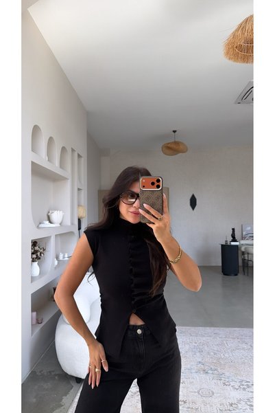 Buket Teke Black Gathered Buttoned High Neck Knitwear Blouse