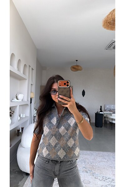 Buket Teke Gray Baklava Patterned Collared Short Sleeve Knitwear Blouse