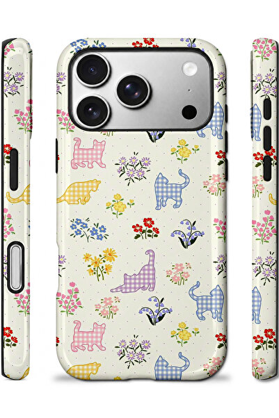 EDELFU iPhone 17 PRO Uyumlu - Ekose Kediler, Çift Katmanlı Kapak, Parlak Yüzey Koruyucu Kılıf