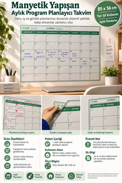 TOYFEST Manyetik Aylık Duvar Planlayıcı Takvim Yapışkanlı Silinebilir Organizer 85x56 cm