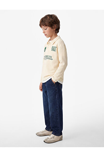 Koton Button Detailed Cotton Printed Long Sleeve Textured Polo Collar T-Shirt