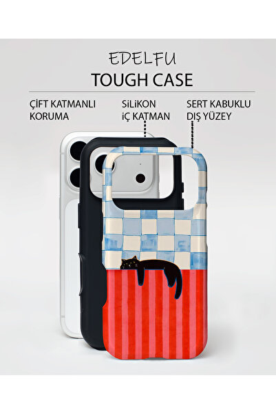 EDELFU iPhone 17 PRO Uyumlu - Uykucu Kara Kedi, Çift Katmanlı Kapak, Parlak Yüzey Koruyucu Kılıf
