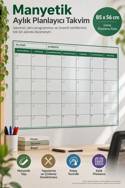 TOYFEST Manyetik Aylık Duvar Planlayıcı Takvim Yapışkanlı Silinebilir Organizer 85x56 cm