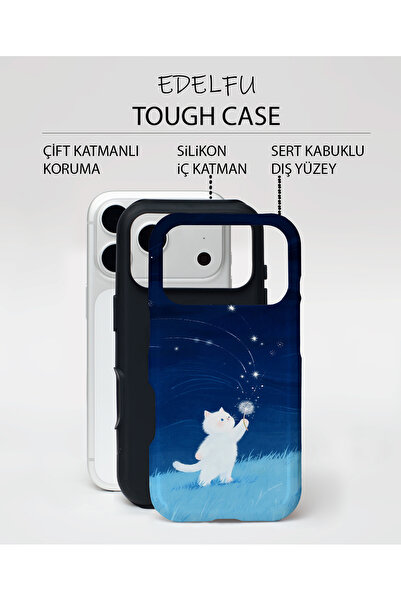 EDELFU iPhone 17 PRO Uyumlu - Uslu Kedi, Çift Katmanlı Kapak, Parlak Yüzey Koruyucu Kılıf