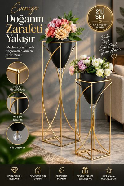 Tasarım Evi Dekoratif Şık Tasarım 2'li Metal Ayaklı Saksı Çiçeklik Yaylı Model