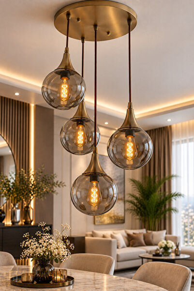 VENON Elora 3 + 1 Yuvarlak Sarkıt Avize ✨ ESKİTME ✨ FÜME GLOP CAMLI ✨ Salon A...