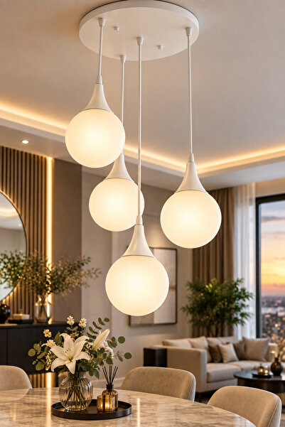 VENON Elora 3 + 1 Yuvarlak Sarkıt Avize ✨BEYAZ ✨ BEYAZ GLOP CAMLI ✨ Salon Avi...