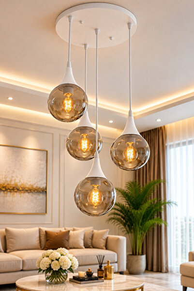 VENON Elora 3 + 1 Yuvarlak Sarkıt Avize ✨BEYAZ✨ FÜME GLOP CAMLI ✨ Salon Avize...