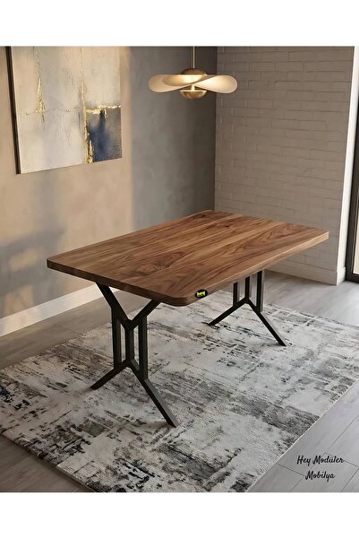 hey Sultan Ceviz Mutfak Yemek Masası Balkon Masası Kavisli Köşe Metal Siyah Ayak 120*80 Cm