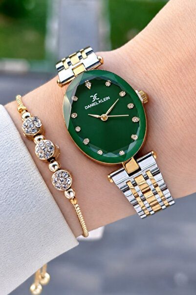 Daniel Klein Green Cordon Gold Silver Color Women's Wristwatch and Bracelet