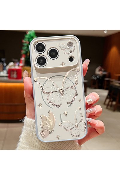 Choice83 iPhone17 Pro Max A799 Grey Gold Butterfly Pattern Magnetic Phone Cas...
