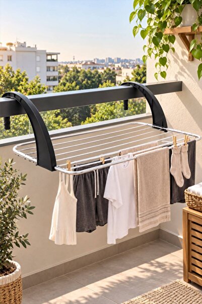 Bayev Dirsekli Balkon Kurutmalık Siyah - Balkon Askısı Çamaşırlık Balkon Demi...