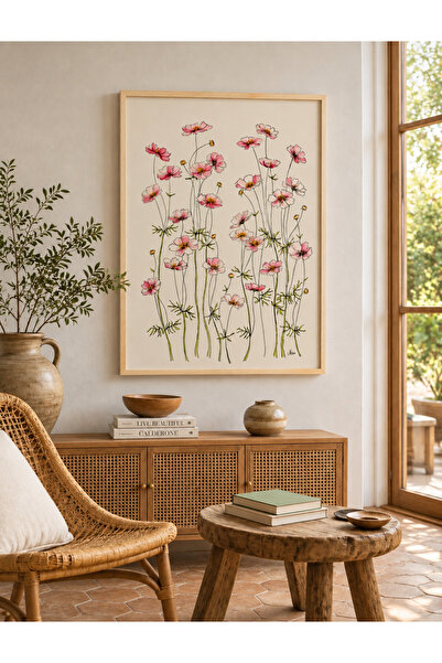 Boho wellness studio Pembe Kır Çiçekleri Botanik İllüstrasyon Tablosu – Çerçe...