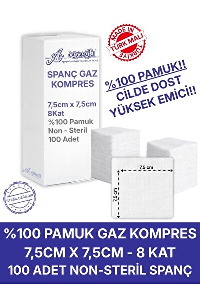 Alban Spanç Gazlı Bez 7,5x7,5cm 8 Katlı 100 Adet - Yüksek Emici, Yapışmayan, ...