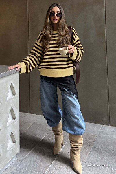 Madmext Yellow Striped Crew Neck Oversize Women's Sweater Mg2894