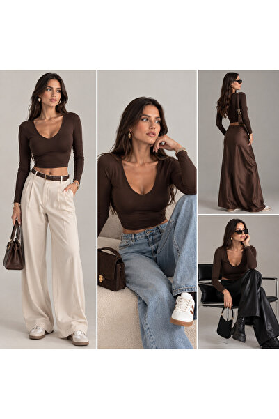 joshua Kadın V Yaka Dalgıç Kumaş Crop Bluz
