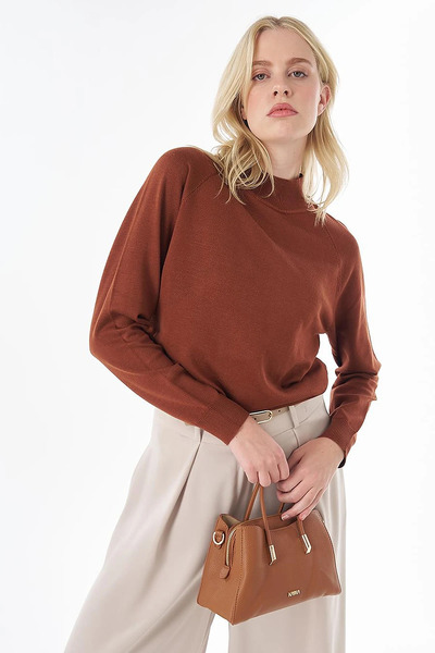Kayra Half Turtleneck Viscose Knitwear Tunic Red Brown