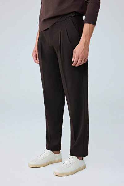 Danger Men's Viscose Blended Side Buckle Pleated Baggy Trousers Brown 0171Dngr