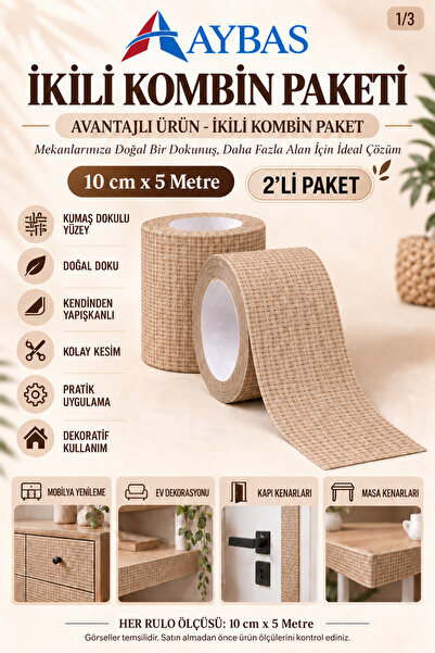 Aybas 10 cm x 5 Metre 2'li Rattan Kendinden Yapışkanlı Ahşap Desenli Kumaş Fo...