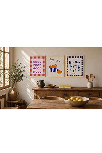 Boho wellness studio Çerçeveli MDF Good Food Good Mood Mutfak Poster Seti