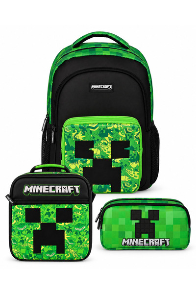 MINECRAFT Lisanslı Creeper 3'lü Okul Çantası Seti Yeşil Siyah – Sırt Çantası,...
