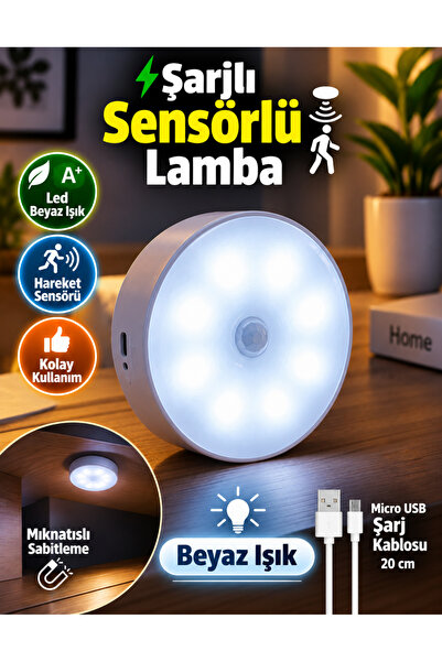 Unichrome Hareket Sensörlü 8 Ledli Beyaz Lamba Usb Şarjlı On/auto/off Modlu D...