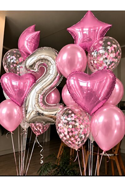 SİNDA 2 YAŞ DOĞUM GÜNÜ PARTİSİ SETİ FOLYO BALON - KALP, YILDIZ FOLYO BALON