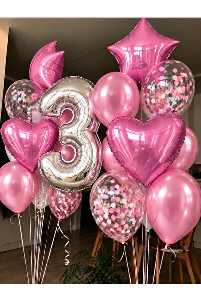 SİNDA 3 YAŞ DOĞUM GÜNÜ PARTİSİ SETİ - KALP, YILDIZ FOLYO BALON KONSEPTİ