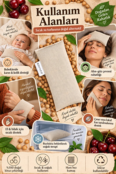 BEVACO Kiraz Çekirdeği Mini Isıtıcı Yastık | 10×20 cm | Doğal Ham Bez | & Kol...