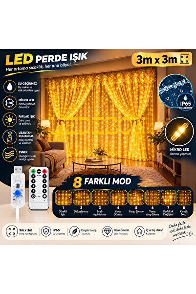 ledison 3mx3m ( 300 Cm X 300 Cm ) Perde Led Tel Led