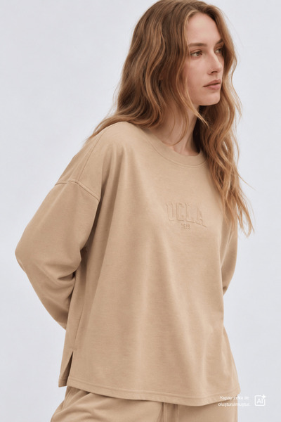 UCLA Elowen Dark Beige Crew Neck Seersucker Printed Soft-Textured Modal Fabri...