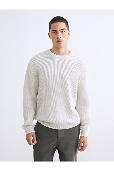 LC Waikiki Nevavm Xside Beige Knitwear Plain Oval Collar Men's Sweater with a...
