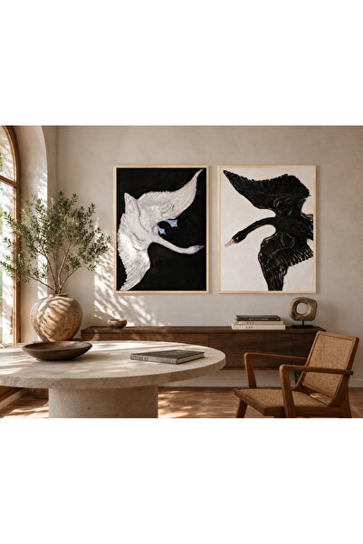 Boho wellness studio Çerçeveli MDF Siyah Beyaz Kuğular İkili Tablo Seti – Mod...