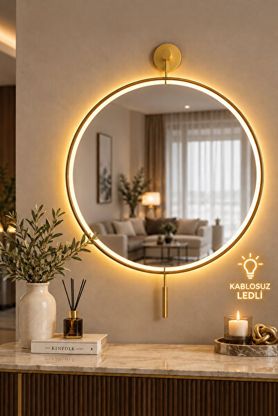 Wallover Design Gold Orjinal Metal Led'li Lüks Duvar Aynası - İdeal Boy 40x55...
