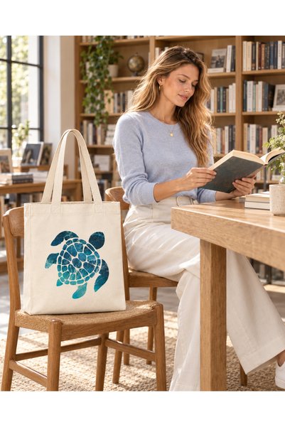 Luvili Canvas Shoulder Bag 35X40X10 Cm, with Pockets and Gusset |   Caretta Caretta Printed