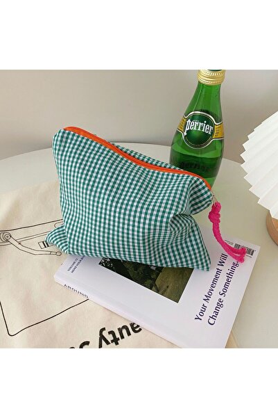 Choice4 Green Large-Capacity Plaid Women's Makeup Bag Portable Ins Style Cosm...