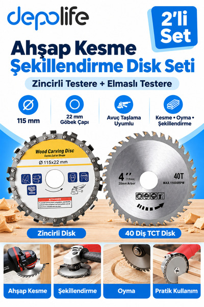 Depolife Ahşap Kesme Şekillendirme Disk Seti Zincirli Testere Ve Elmaslı Test...