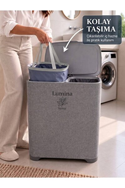 LUMİNA HOME Çift Bölmeli Kapaklı Kirli Çamaşır Sepeti 100 L Gri