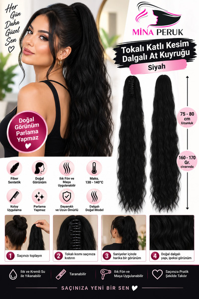 Mina Peruk SİYAH - Tokalı Dalgalı At Kuyruğu Postiş 75-80 cm Katlı Kesim Isıy...