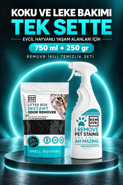REMUVR 2’li Temizlik Seti 250 gr Kedi Kumu Koku Giderici + 750 ml Evcil Hayva...