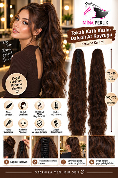 Mina Peruk KESTANE KUMRAL Tokalı Dalgalı At Kuyruğu Postiş 75-80 cm Katlı Kes...