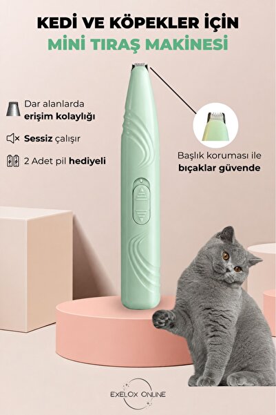 Exelox Kedi ve Köpekler İçin Mini Tıraş Makinesi Pilli Pati ve Popo Tıraşı Ha...