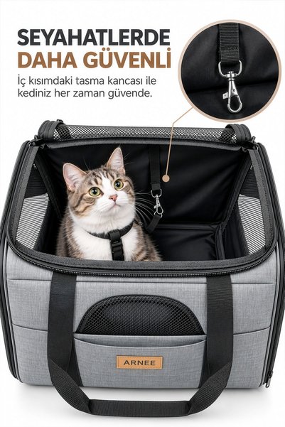 Arnee Gri Büyük Boy Kedi Köpek Taşıma Çantası Güçlü Plastik Taban Evcil Hayvan Kedi Taşıma Çantası