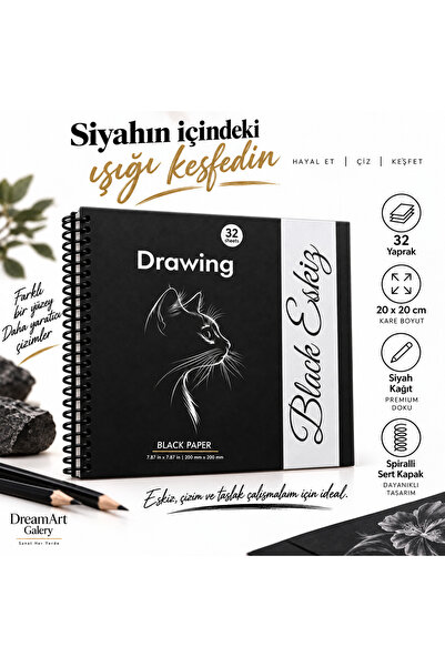 DreamArtgalery Profesyonel Siyah Kağıt 32 yaprak Çizim Defteri | Spiral Eskiz...